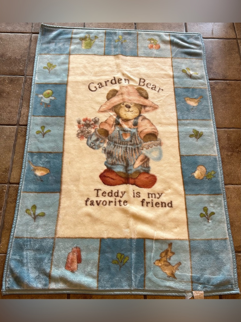 Vintage Koyo Garden Bear Teddy Is My Favorite Friend Soft Blanket Blue 56”x38”